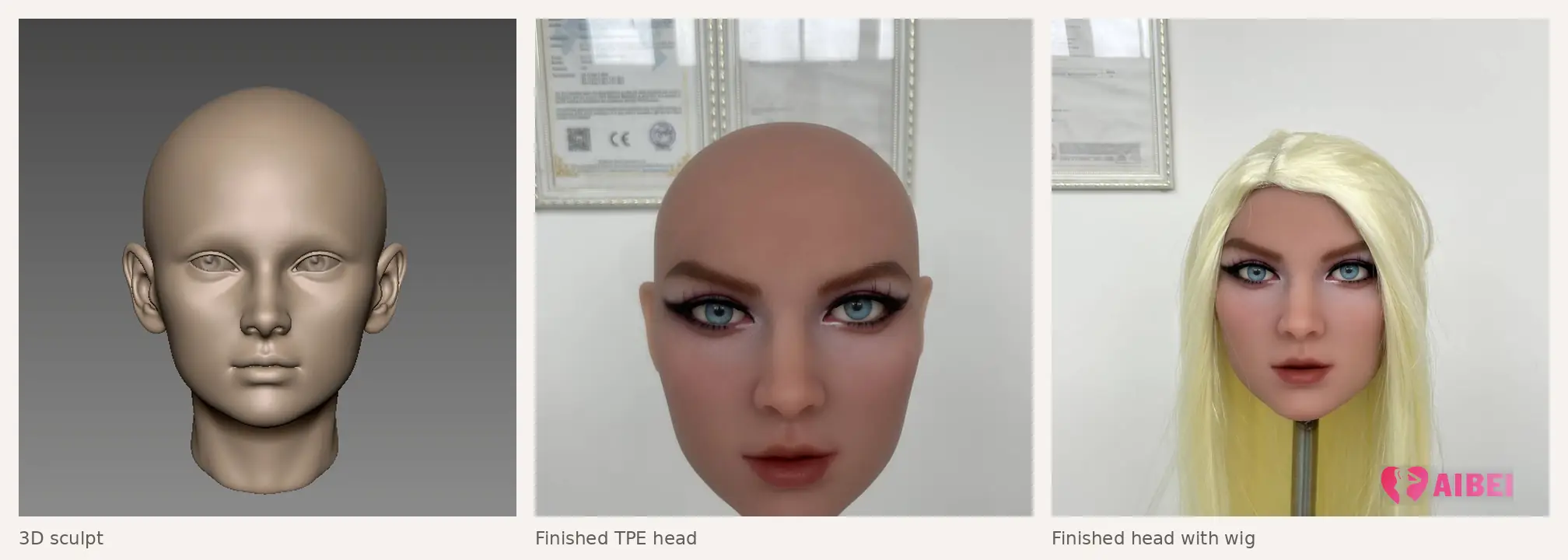 AIBEI custom TPE sex doll head AB28: 3D sculpt, finished head and finished head with wig