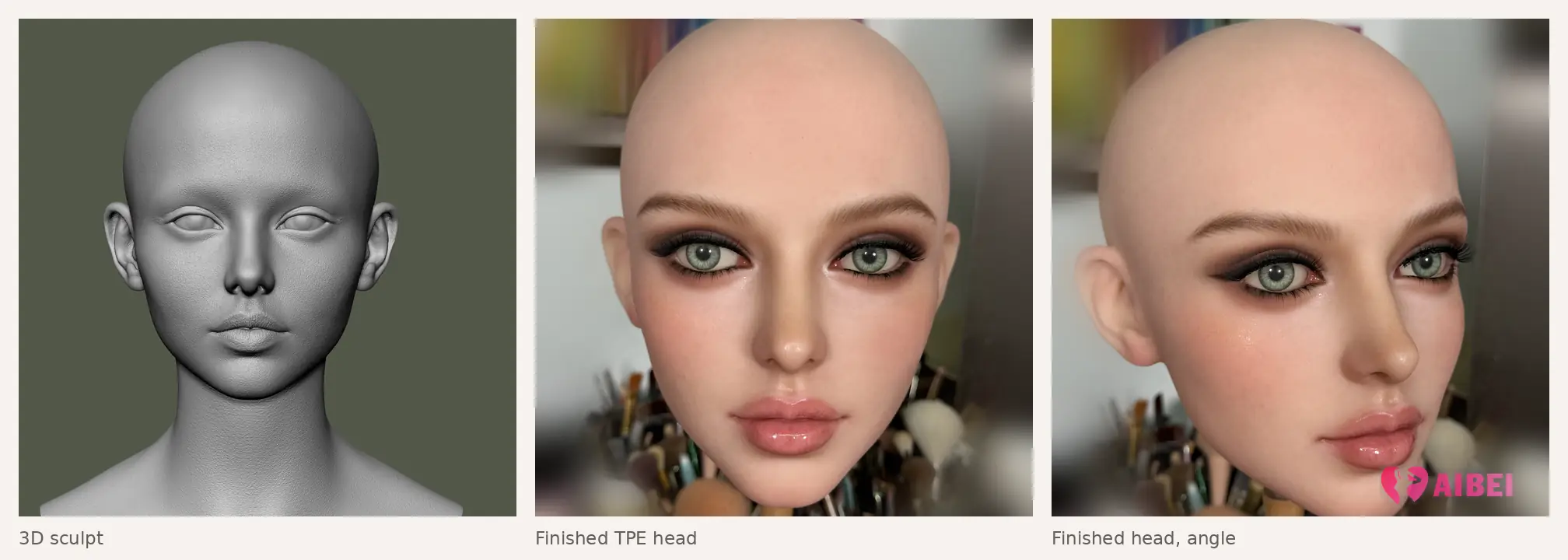 AIBEI custom TPE head AB34: 3D sculpt and finished head after face-up